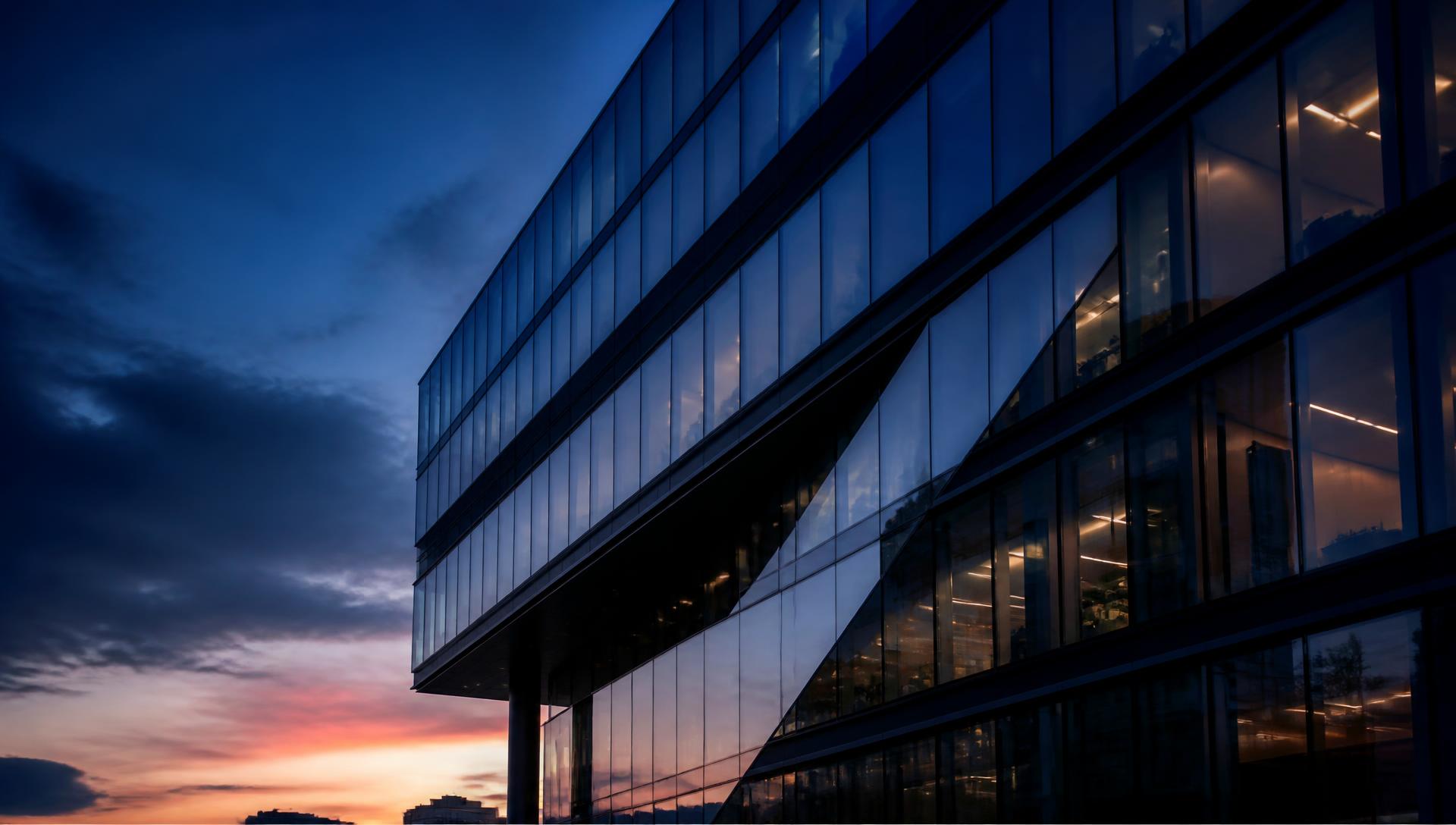 Modern glass office building at dusk